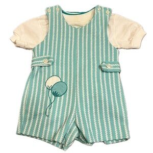 Vintage 1970s Rare Health-tex balloons birthday onesie one piece teal white